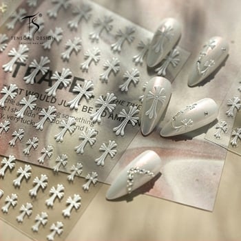 Железни 3D релефни стикери за нокти с кръст Chrome Hearts – креативни DIY декали за нокти