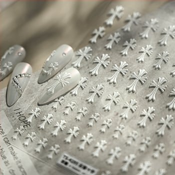 Железни 3D релефни стикери за нокти с кръст Chrome Hearts – креативни DIY декали за нокти