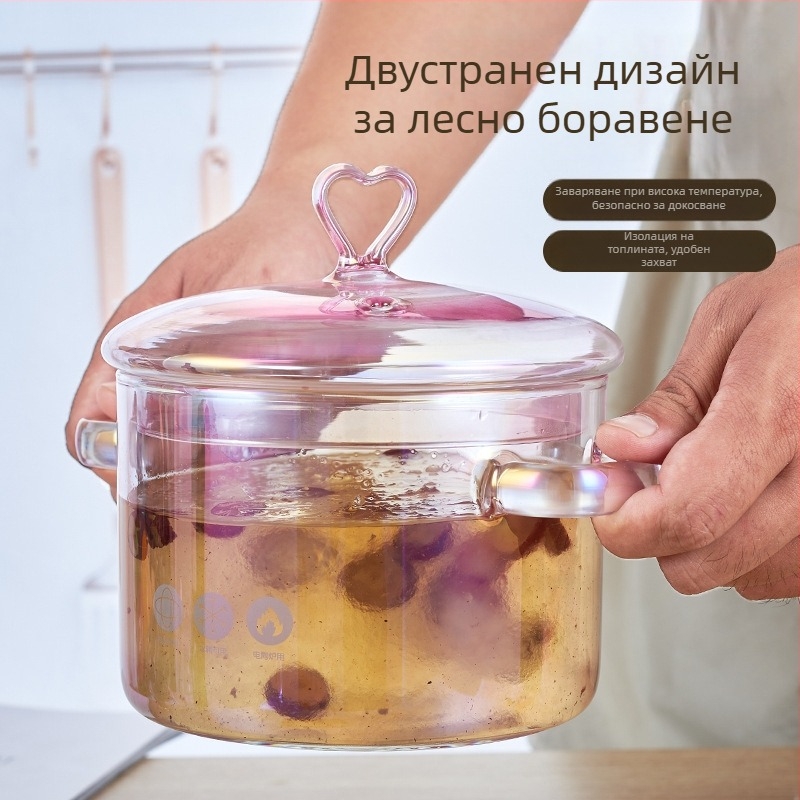 Голям капацитет прозрачен стъклен съд за юфка и супа, с две дръжки, подходящ за бебешка храна и здравословно готвене, за готвене върху открит огън