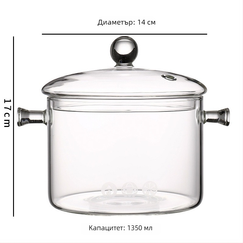 Голям капацитет прозрачен стъклен съд за юфка и супа, с две дръжки, подходящ за бебешка храна и здравословно готвене, за готвене върху открит огън
