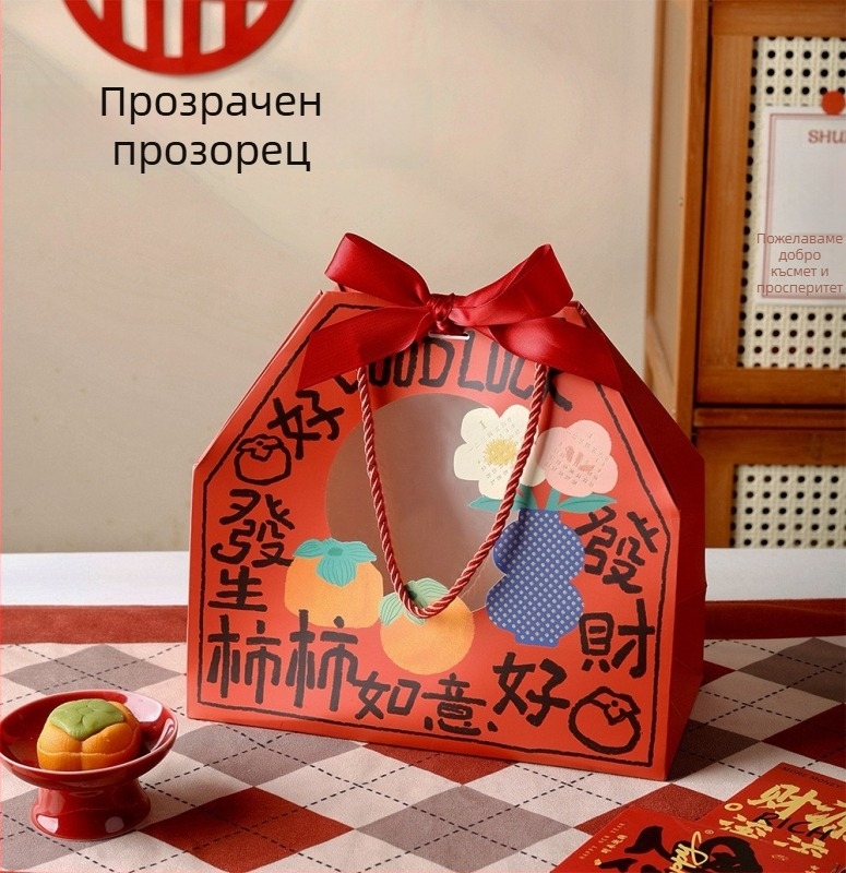 Подаръчна кутия за Нова година с лъвски танц и снежно хрупкави лакомства, бисквити
