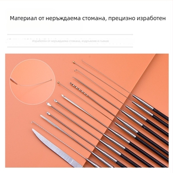 Комплект професионални ушни инструменти от въглеродна стомана – ушна лъжичка, нож облак, ушна шпатула, гъбеста глава, памучни тампончета, ушна кука