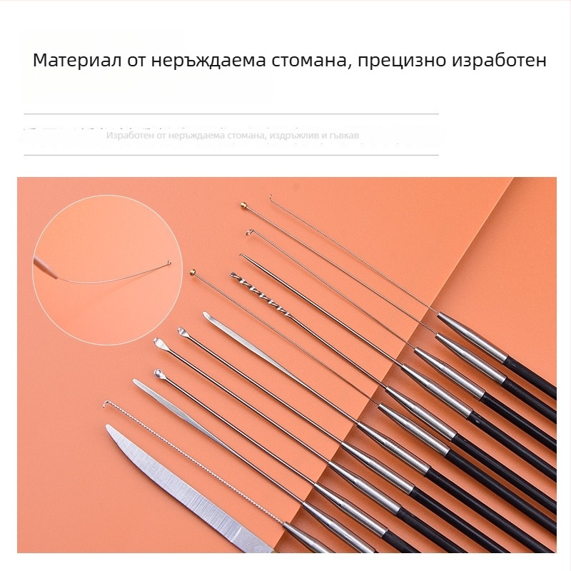 Комплект професионални ушни инструменти от въглеродна стомана – ушна лъжичка, нож облак, ушна шпатула, гъбеста глава, памучни тампончета, ушна кука