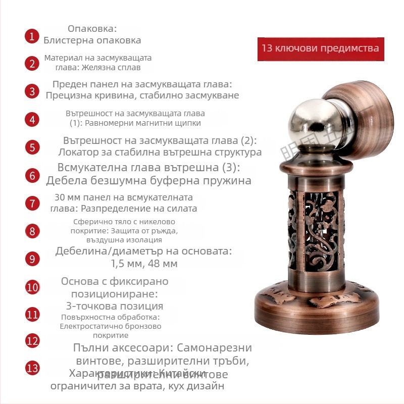 Магнитен държач за врата от сплав, стенен монтаж, кадиран финиш, анти-удар, прорезен дизайн в стил китайски