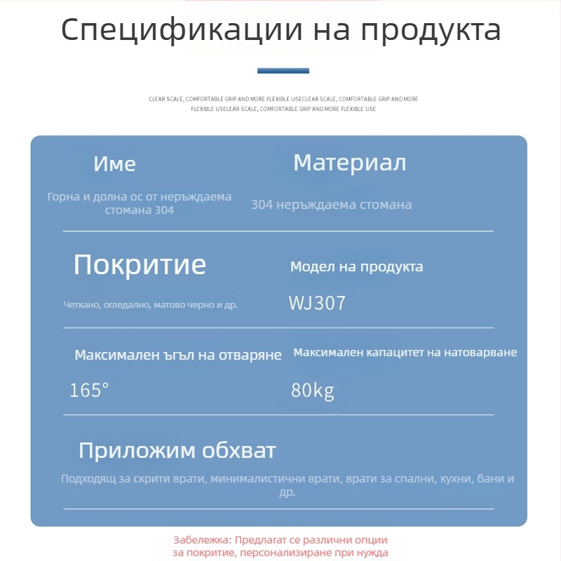 Панта за врати от 304 неръждаема стомана, товароподемност 60–80 кг, подходяща за дървени врати и стоманени рамки, 90° отваряне.