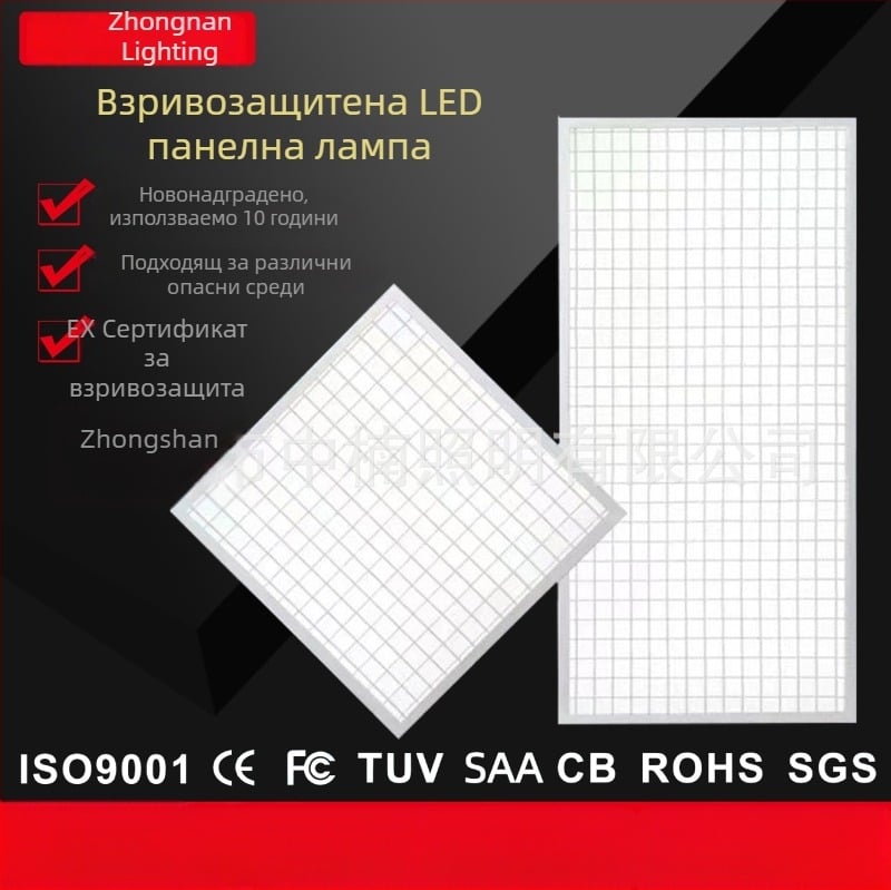 LED взривоустойчива панелна светлина, 60×60 см, вградена таванна инсталация, алуминиево тяло, 6500K, 50 000 ч живот, подходяща за складове и фабрики
