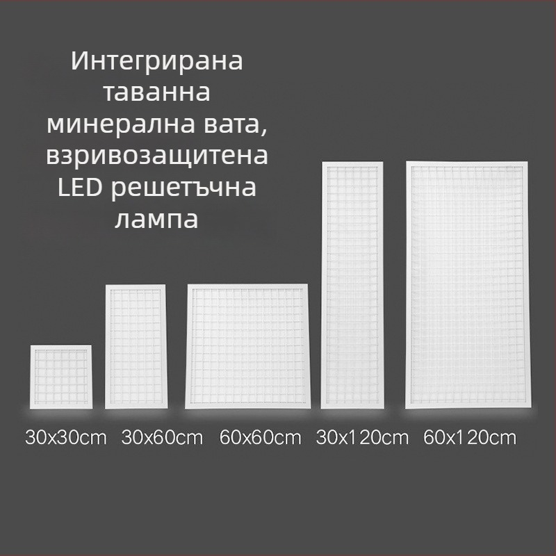 Вградена LED панел лампа с мрежеста стоманена рамка, експлозийно устойчива, размери 30×30 см и 60×60 см, за интегриран таван