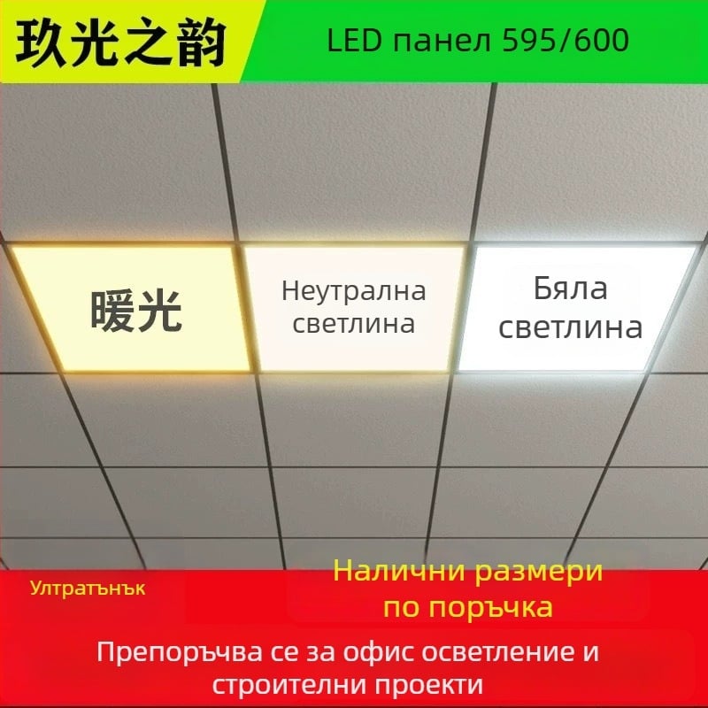Интегрирана таванна LED панел 600x600, неутрална и топла светлина, три температури на светлината, гипсова минерална плоча, алуминиева рамка.