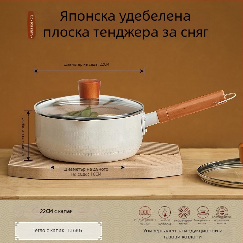 Беззалепваща бебешка тенджера за мляко и супи, малък размер, каменна основа Маифанит, стъклен капак