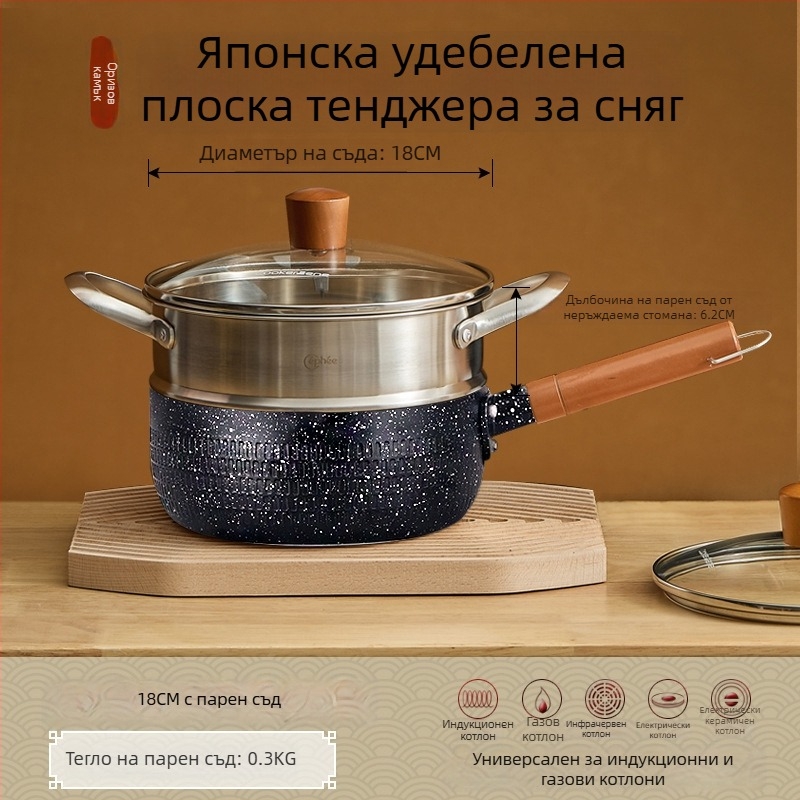 Беззалепваща бебешка тенджера за мляко и супи, малък размер, каменна основа Маифанит, стъклен капак