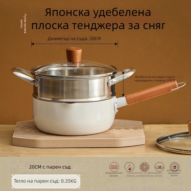 Беззалепваща бебешка тенджера за мляко и супи, малък размер, каменна основа Маифанит, стъклен капак