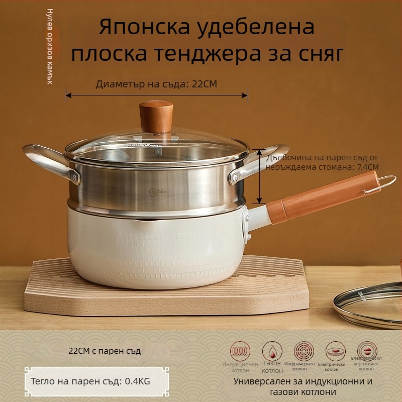 Беззалепваща бебешка тенджера за мляко и супи, малък размер, каменна основа Маифанит, стъклен капак