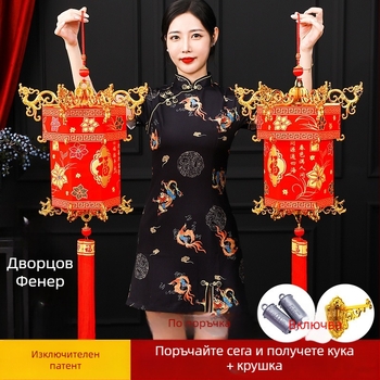 Кадифено покрит палатиен фенер с благословен символ, китайски стил, класически червен фенер, антично вдъхновение, висящ декоративен аксесоар за Нова година и сватби