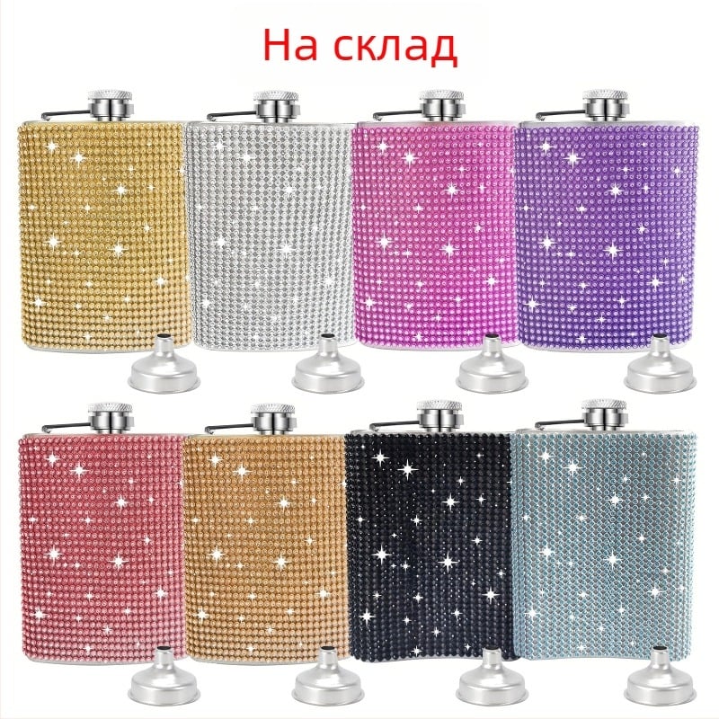 6/8 oz неръждаема стомана винена фляга с диамантена инкрустация и фуния, ретро стил, компактен за пътуване