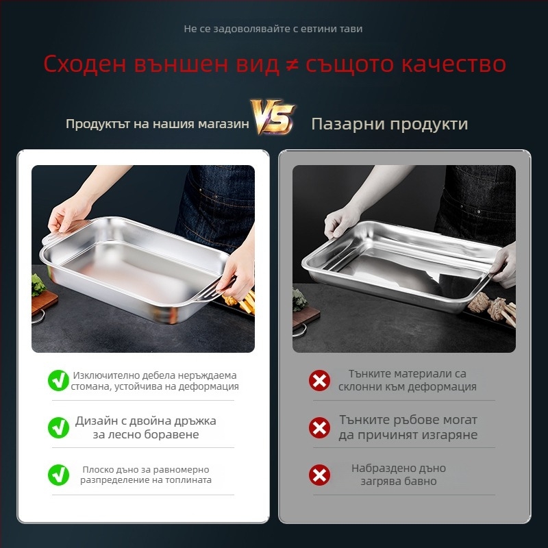 Правоъгълна неръждаема стоманена тава за печене на риба за индукционни котлони - многофункционална, лесна за почистване, без покритие