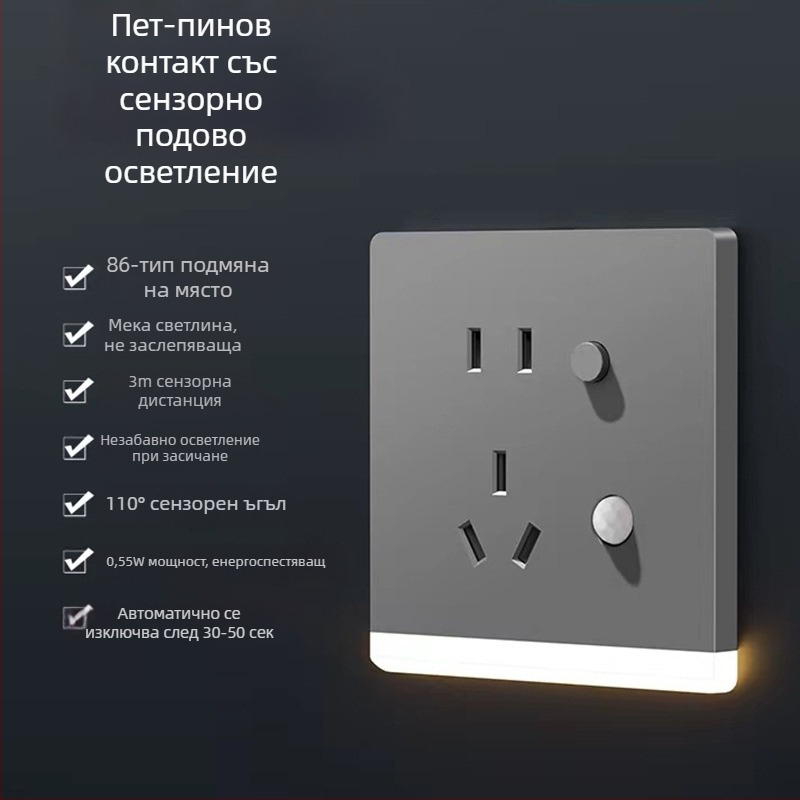 Тип 86 вградена коридорна LED нощна светлина с датчик за движение и петполюсна розетка