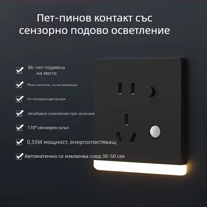 Тип 86 вградена коридорна LED нощна светлина с датчик за движение и петполюсна розетка