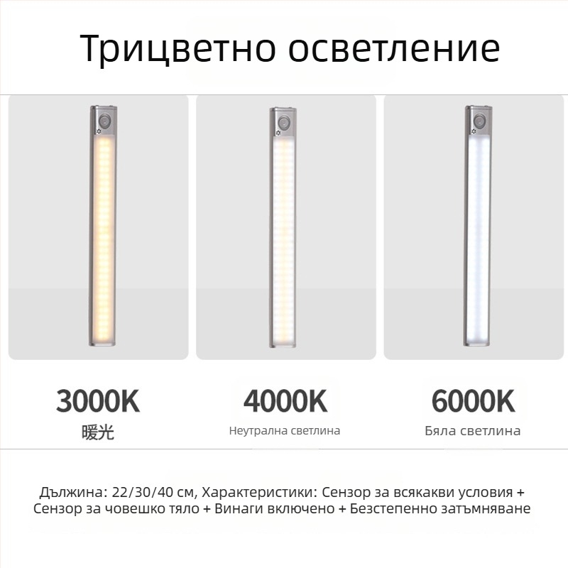 Осветление за шкаф с три цвята и детекция на движение, USB зареждане, без проводове, лампа за винен шкаф