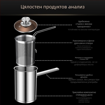 Мини фритюрник със филтър за домашна употреба, масло-спестяващ, темпура по японски, 304 неръждаема стомана, дълбок съд за пържене