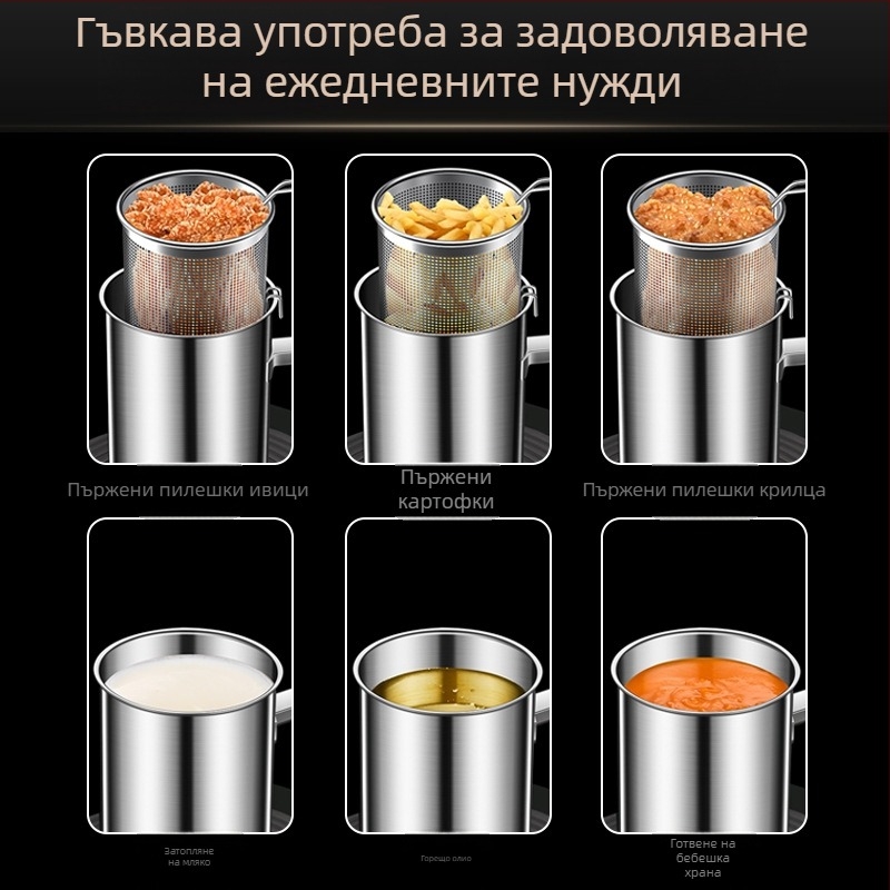 Мини фритюрник със филтър за домашна употреба, масло-спестяващ, темпура по японски, 304 неръждаема стомана, дълбок съд за пържене