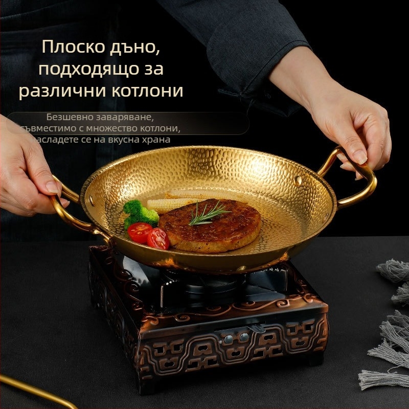 Корейски стил, неръждаема стомана с чукана текстура, сух котлон за гювеч, съд за морски дарове, алкохолна печка, военен стил горещ котел, съд с двойни дръжки, рамен съд със снежен модел