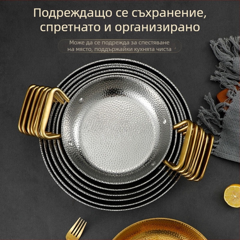 Корейски стил, неръждаема стомана с чукана текстура, сух котлон за гювеч, съд за морски дарове, алкохолна печка, военен стил горещ котел, съд с двойни дръжки, рамен съд със снежен модел