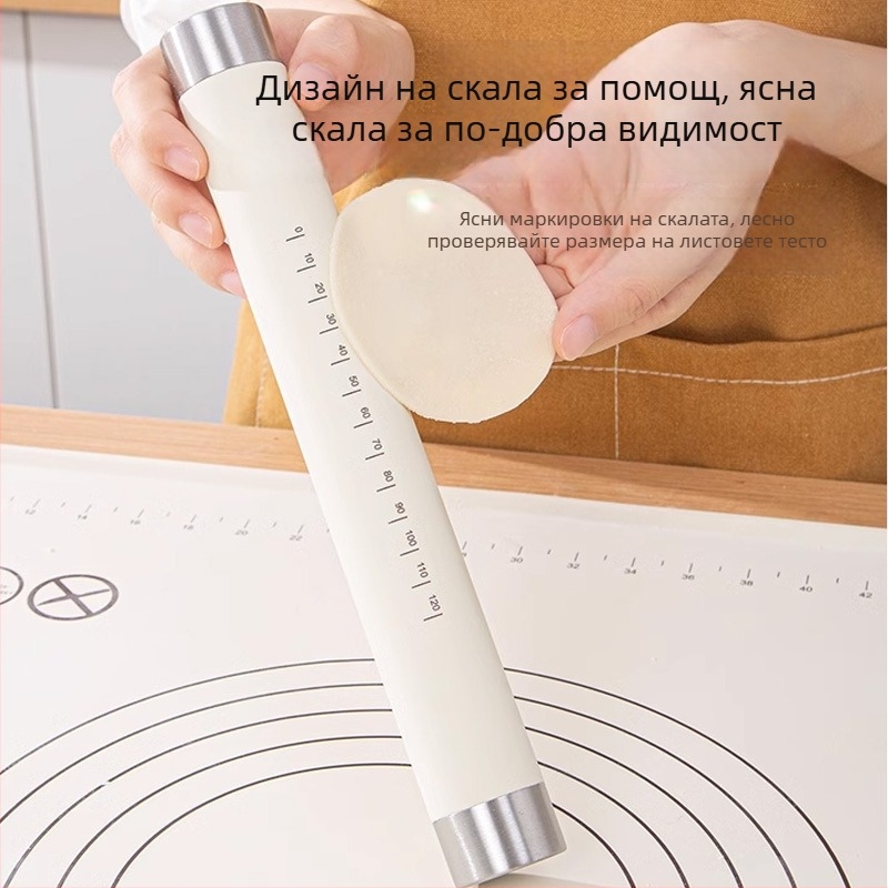 Разточваща ролка за тесто със стоманено ядро и силиконово покритие, кухненски инструмент за печене с измервателна скала, неръждаема стомана