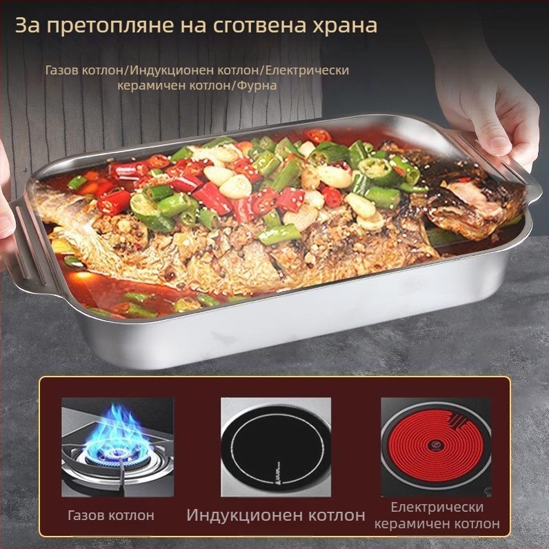 Неръждаема стомана, тава за грил на риба с голям капацитет, съвместима с индукционни котлони, за морски дарове и лобстър, многофункционален грил тиган