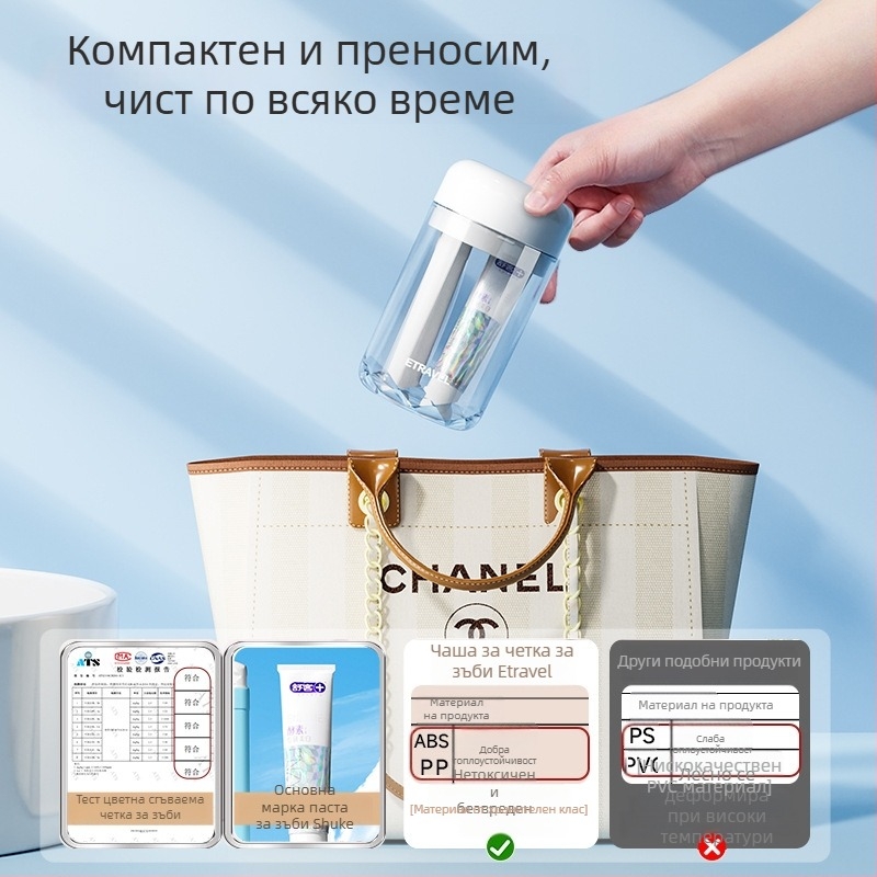 Комплект за пътуване за хигиена на устата: чаша за съхранение на принадлежности, чаша за уста, четка за зъби и паста за зъби, три в едно, преносим