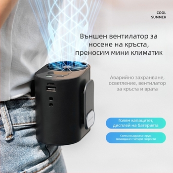 2024 Преносим мини вентилатор за талията, USB зареждане, за открити дейности и туризъм