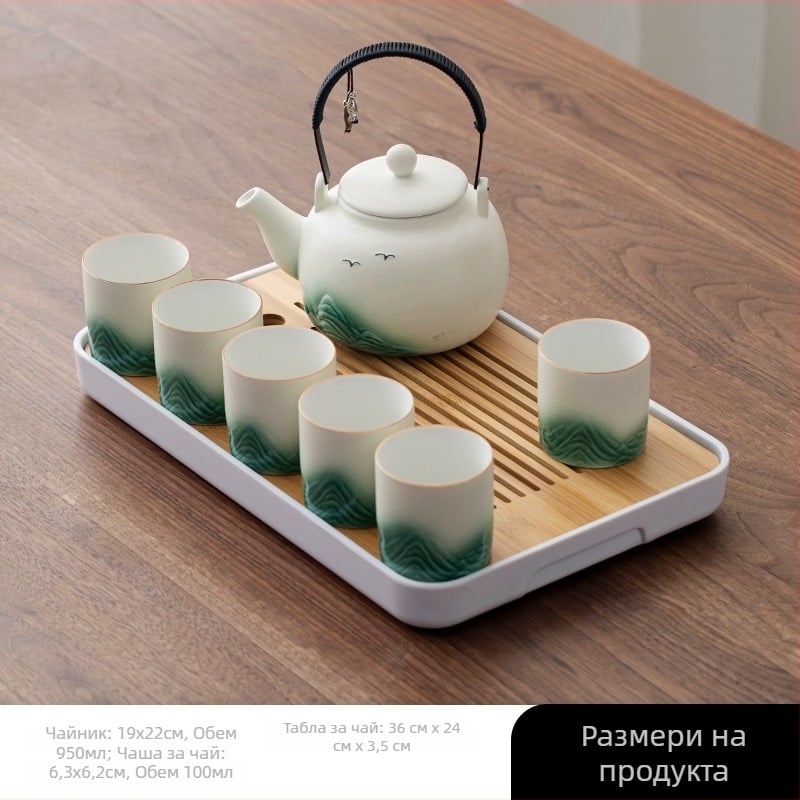 Комплект кунг-фу чай с голям капацитет: керамична чайничка с дръжка и шест чаши, бамбукова тава за чай, подаръчна кутия, стил национален тренд