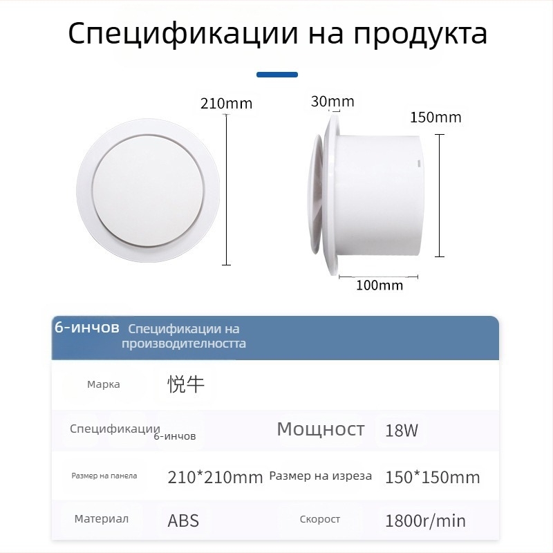 Безшумен прозоречен вентилатор за баня и тоалетна, с гъбена глава, стенен монтаж, водоустойчив