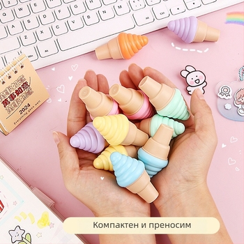 Хайлайтър в форма на сладоледен кон, 6 цвята, за ученици, мини дневник и несесер за писалки