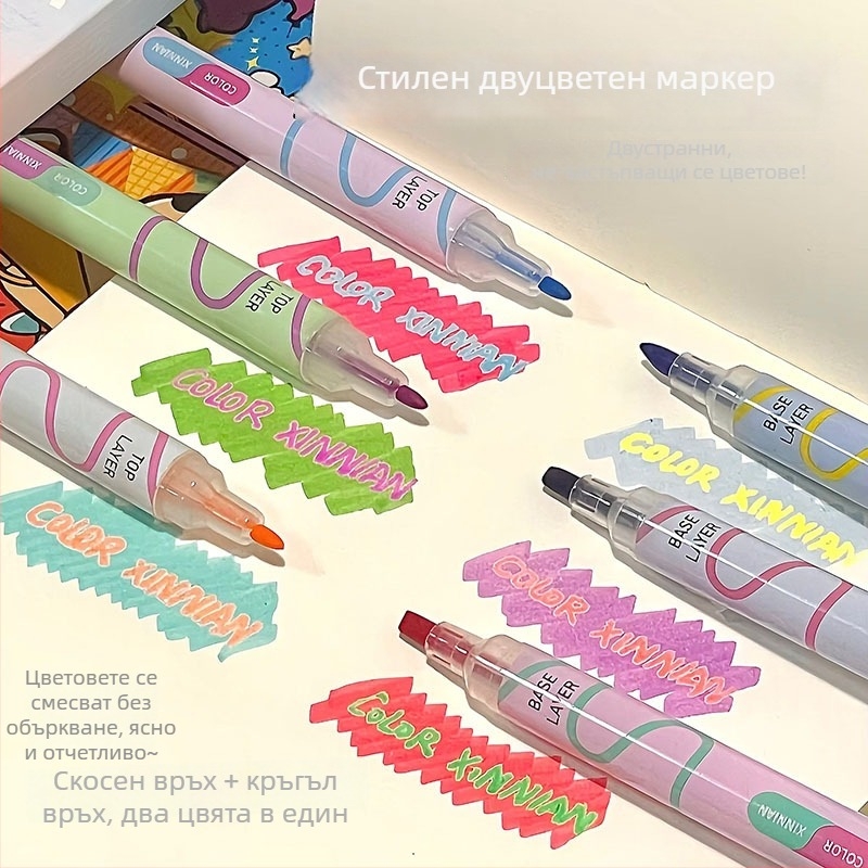 Двукрайни флуоресцентни маркери с двуцветни върхове за подчертаване на бележки в клас и рисуване, комплект 6 бр., модел 858, пластмасова обвивка, неизтриваеми, печат на лого възможен