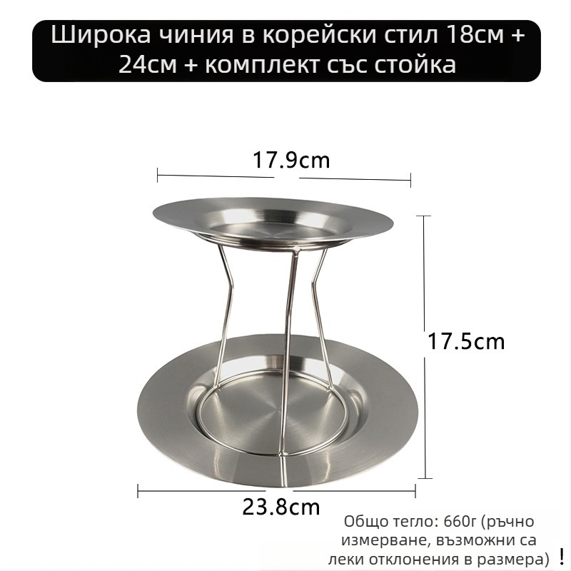Комплект кръгли чинии от неръждаема стомана за барбекю с корейски стил — прав и широк ръб; включва чиния за паста, десертна чиния и плоска чиния в западен стил.