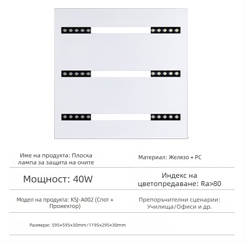 LED лампа с лещи и решетка, интегрирана таванна панел лампа за офис и дневна, 595×595 мм, 4000 lm, висока цветопредавателност (CRI ≥ 90)