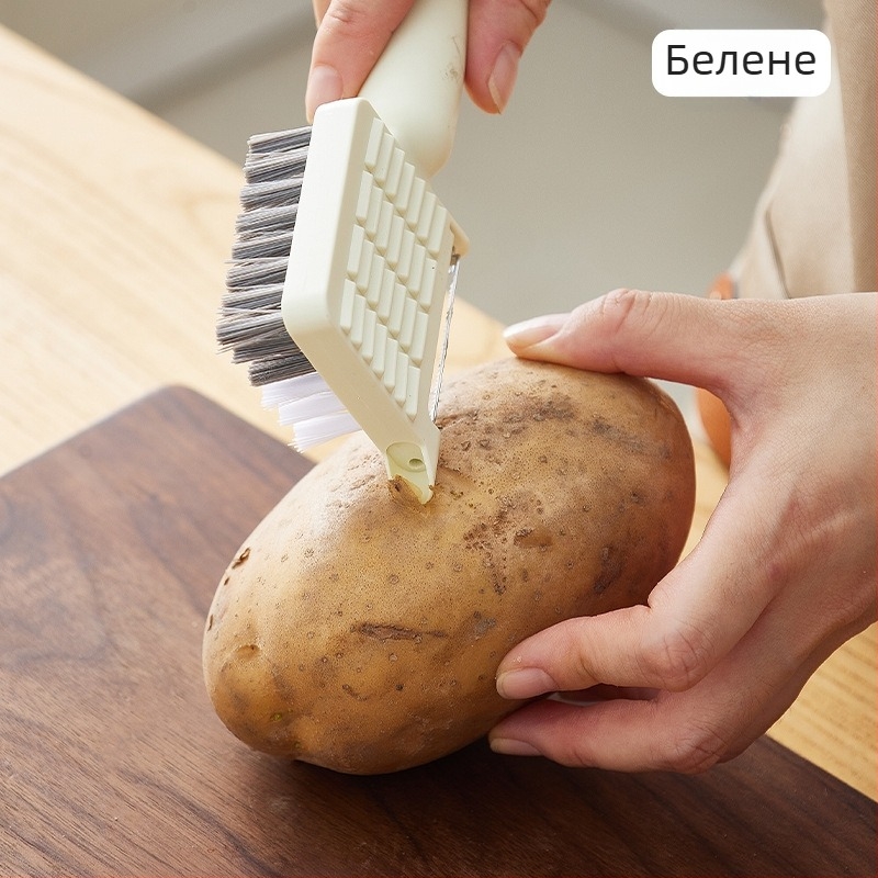 Многофункционална четка за почистване на плодове и зеленчуци — четири в едно: кухненска четка за почистване, скребка и четка за цепнатини