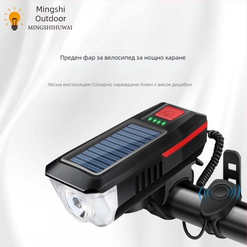 Соларна USB предна светлина за планински велосипед, водоустойчива LED фар за нощно каране