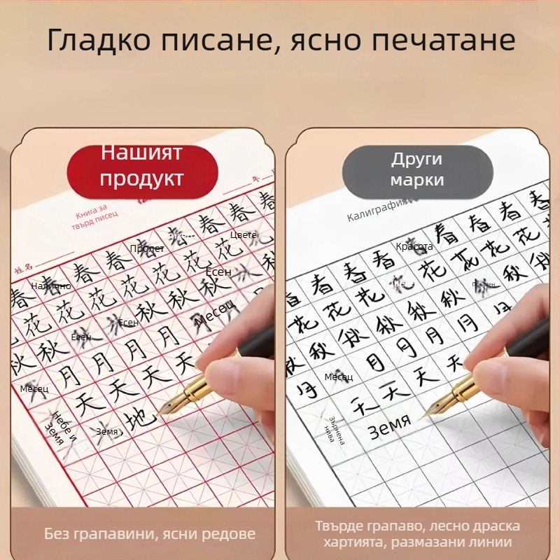 Удебелена тетрадка за практика по калиграфия с квадратни клетки за твърдо писане, подходяща за ученици и възрастни