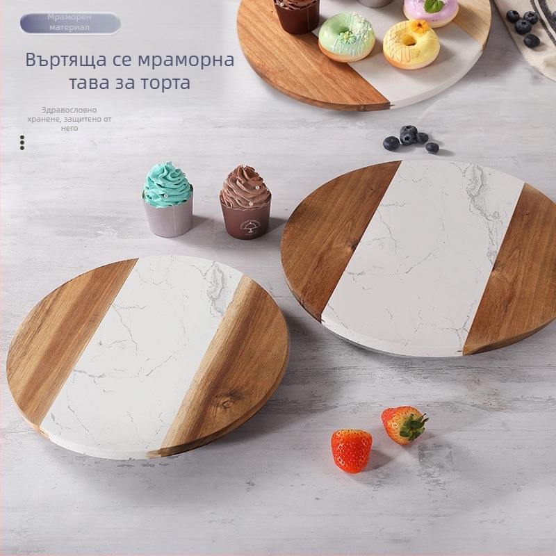 Въртяща се платформа за торти за домашна употреба, мраморна дъска за рязане с мозаичен дизайн, комплект кухненски инструменти за печене, акациева дървена тава, тава за декорация