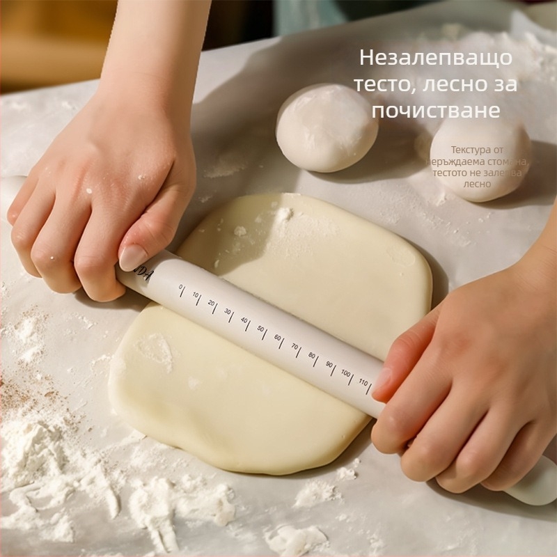 Силиконова ролка за тесто, твърда и не залепваща, с измервателни шкали и отвор за закачване, кухненски инструмент за печене