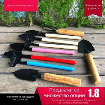 Комплект от три градински инструмента за засаждане на цветя и сукуленти: малка лопата и метално гребло