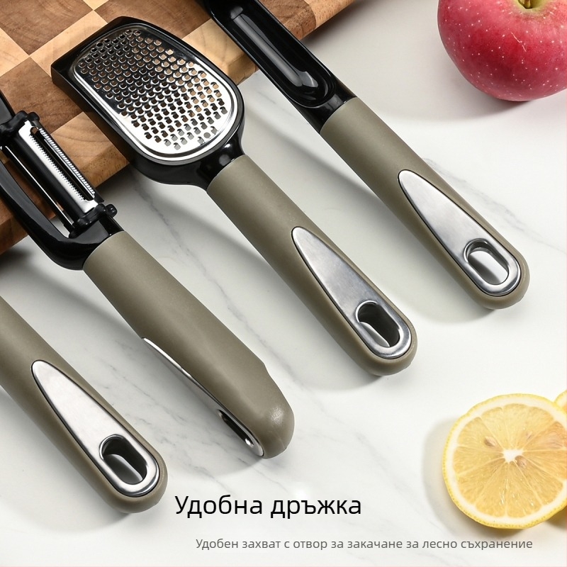 Десетчастен комплект кухненски инструменти със стоманена дръжка: ренде, нож за пица, отварачка за бутилки, шпатула за сирене и разбърквач за яйца