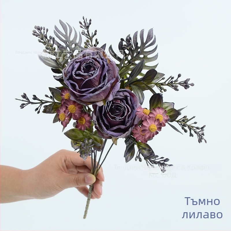 Изкуствен букет рози, ромашки и маргаритки с изгорени ръбове за сватби, церемониални зали, изложбени зали и декорация на масата