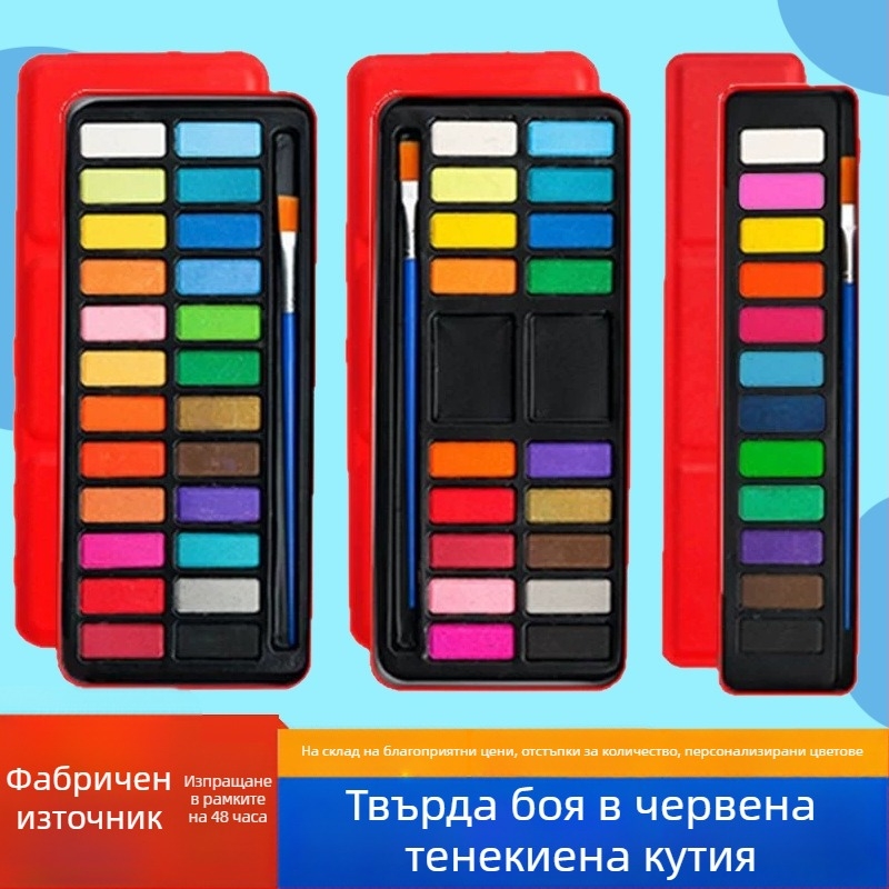 24-цветен комплект гуаш за деца в червена метална кутия