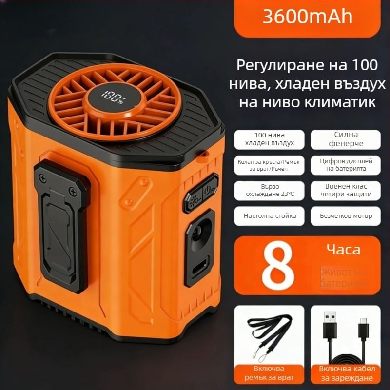 Преносим вентилатор за талия и врата, USB презареждаем, с вградена батерия, 6 лопатки, 6 скорости, преносимо охлаждане