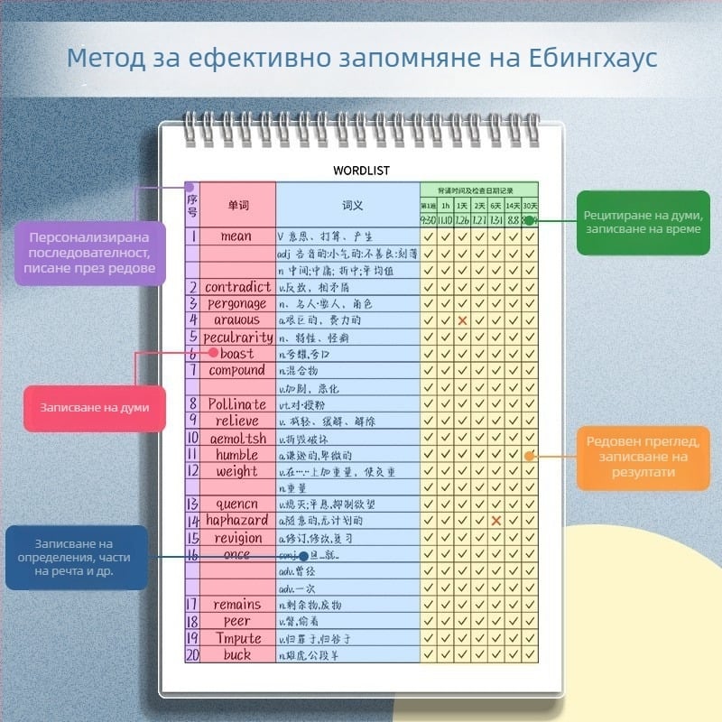 Four Seasons Еббингхаус дневник за английски думи, B5 формат, тетрадка за лексика за средно училище и гимназия