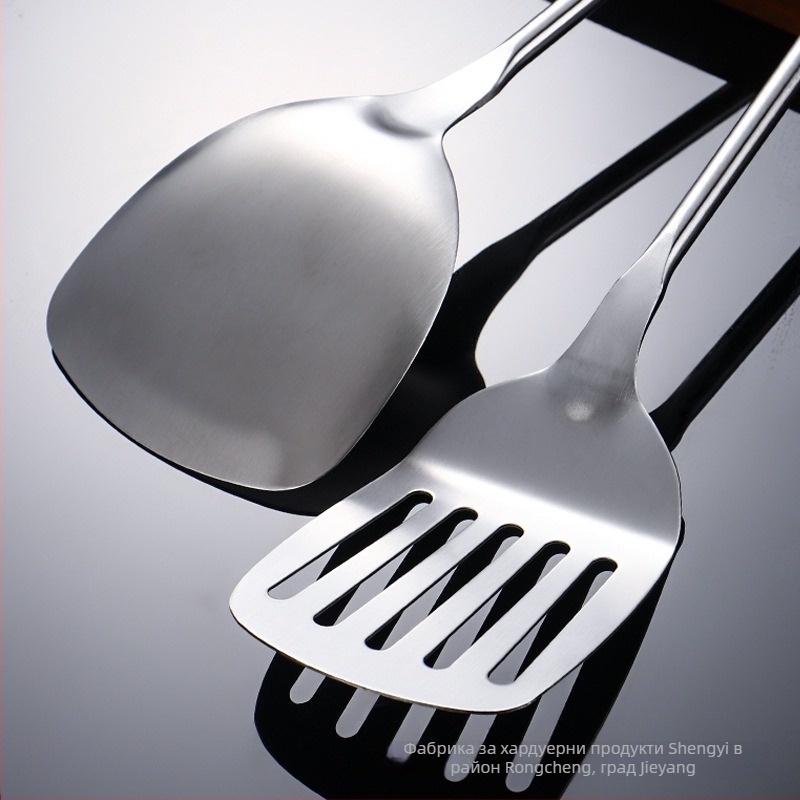Комплект шпатула от 304 неръждаема стомана с дървени дръжки Sapeli; включва шпатула, решетъчна лъжица, скимър и лопатка за пържене