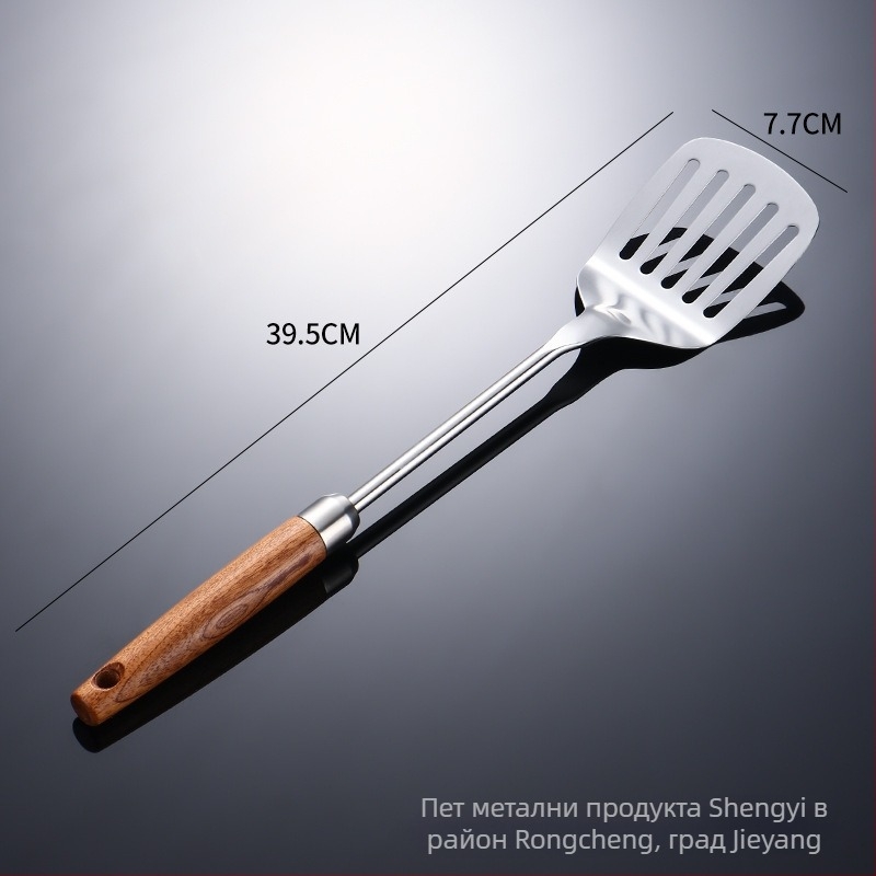 Комплект шпатула от 304 неръждаема стомана с дървени дръжки Sapeli; включва шпатула, решетъчна лъжица, скимър и лопатка за пържене