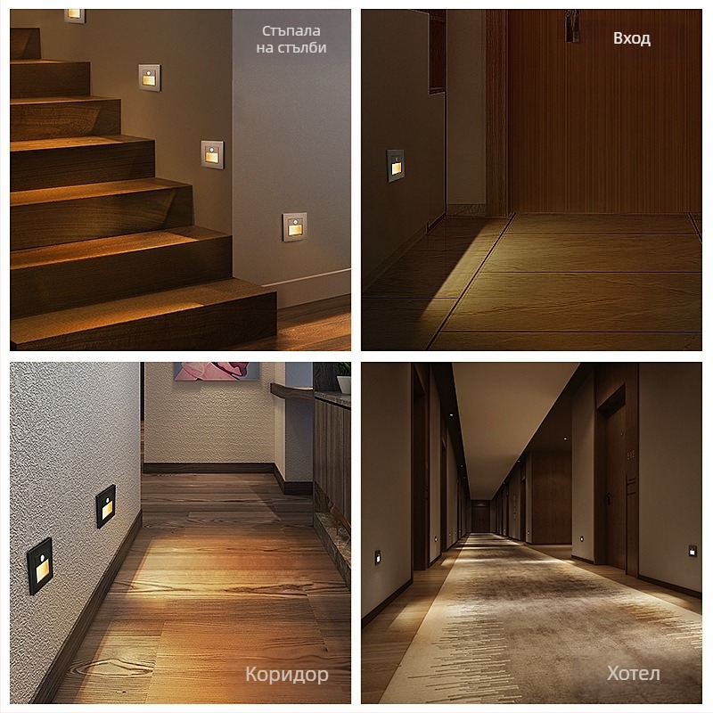 LED подова светлина с датчик за движение за стълби и коридори, вградена, с автоматично включване и забавено изключване